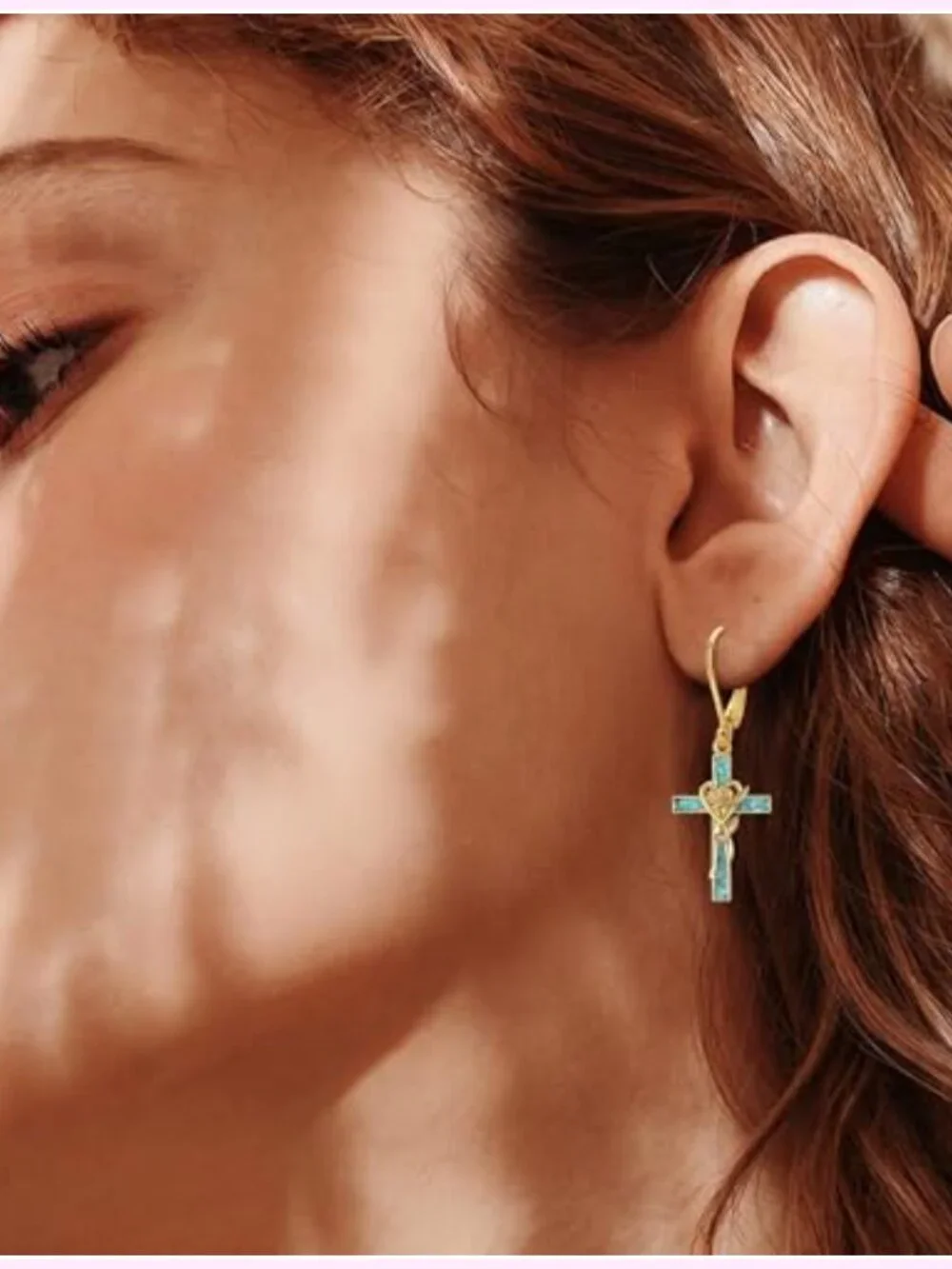 18k Gold Plated Rose Cross Turquoise Dangle Earrings Faith Jewelry Gift for
